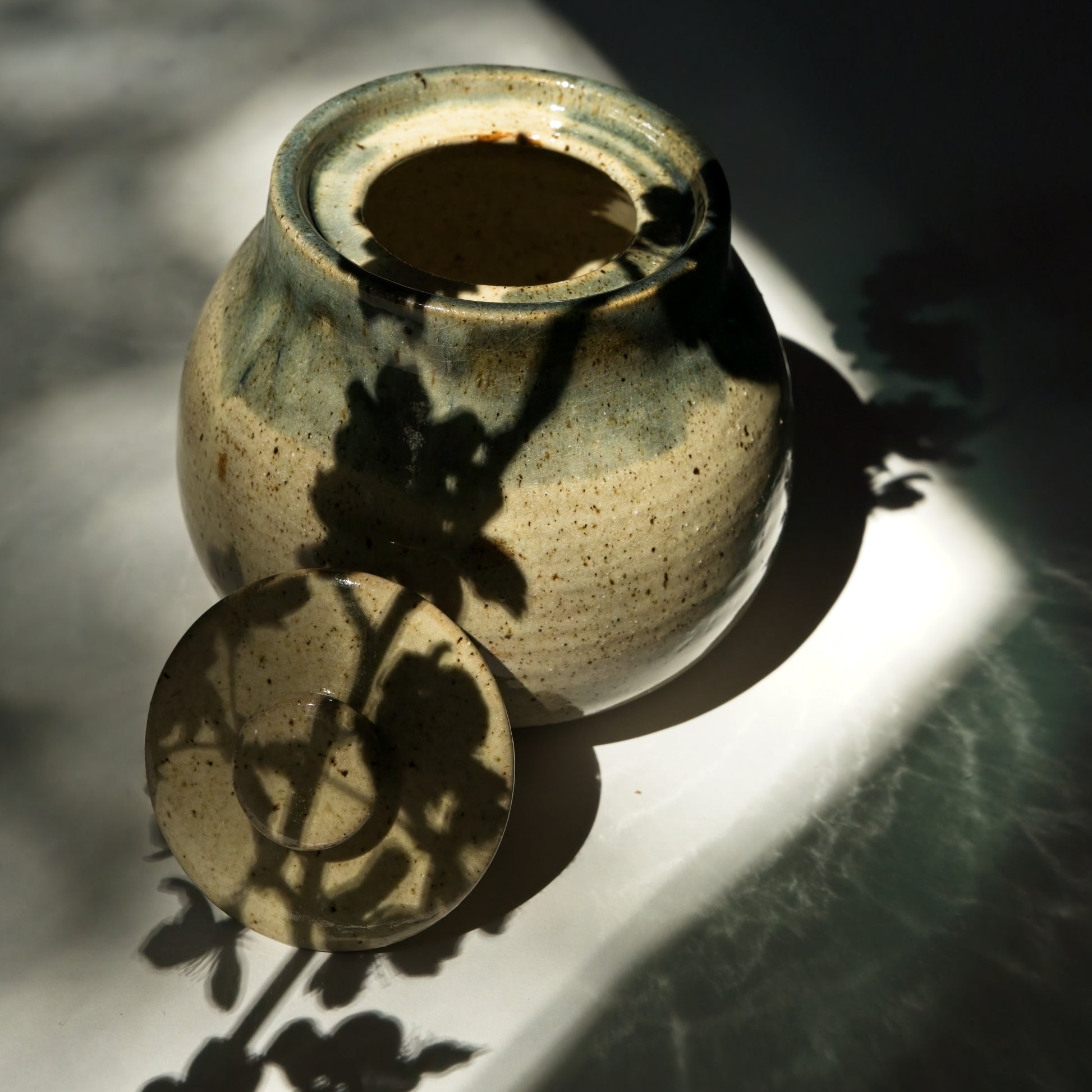 Ceramic jar with floral shadows on a reflective surface
