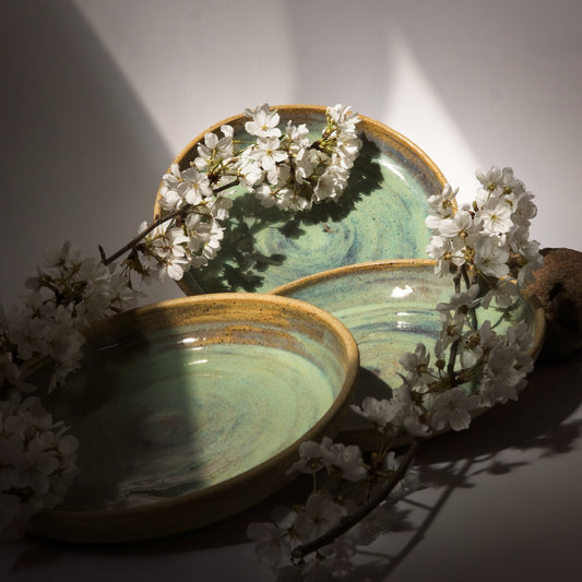 Three ceramic plates with a floral arrangement on a neutral background