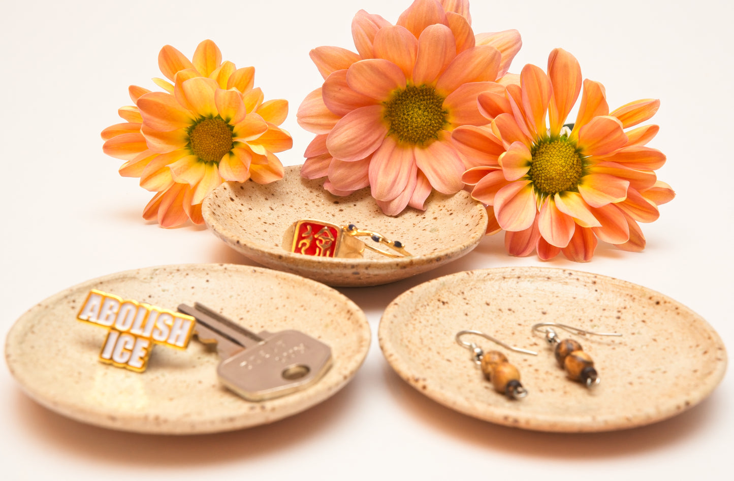 Three small round ring dishes with earrings, a key and an 'Abolish ICE' pin, and two gold rings, surrounded by pink flowers on a white background.